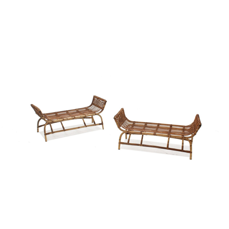 Pair of Mid century Bonacina rattan bench 1950s