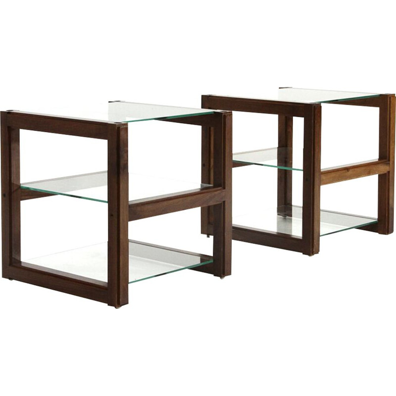 Pair of vintage bedside tables with glass tops, 1960s