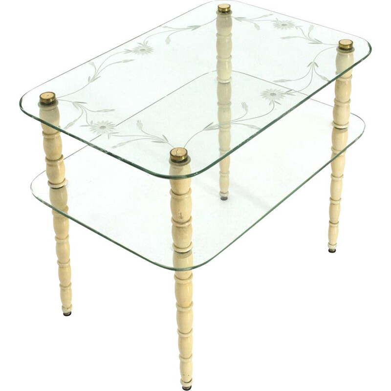 Table basse vintage avec pieds en bois laqué blanc et plateaux en verre 1930
