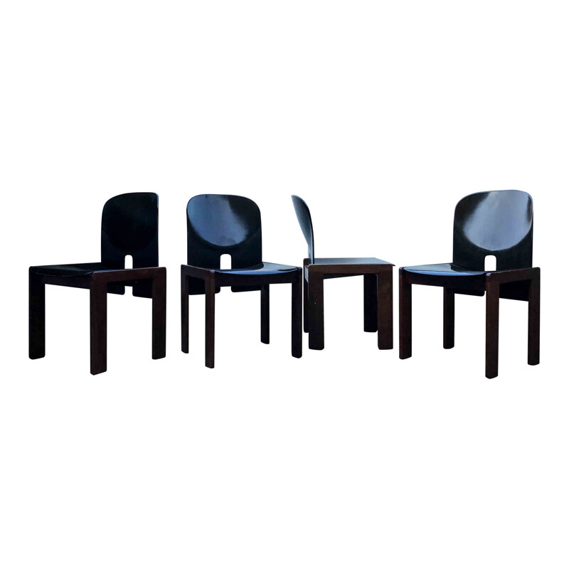 Set of 4 Vintage Dark Brown Lacquered Walnut Model 121 Dining Chairs by Tobia & Afra Scarpa for Cassina, 1960s