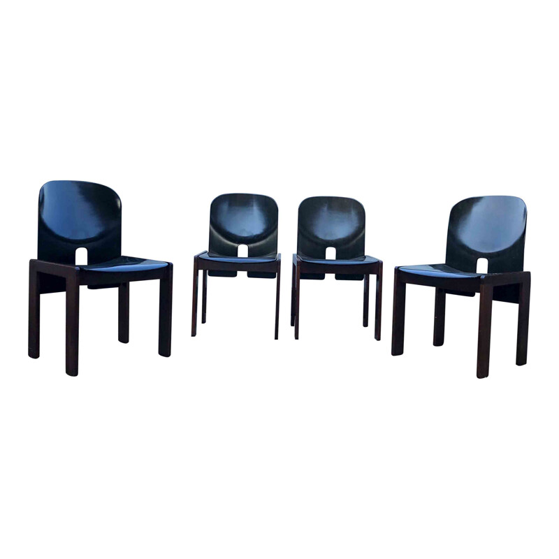 Set of 4 Vintage Dark Brown Lacquered Walnut Model 121 Dining Chairs by Tobia & Afra Scarpa for Cassina, 1960s