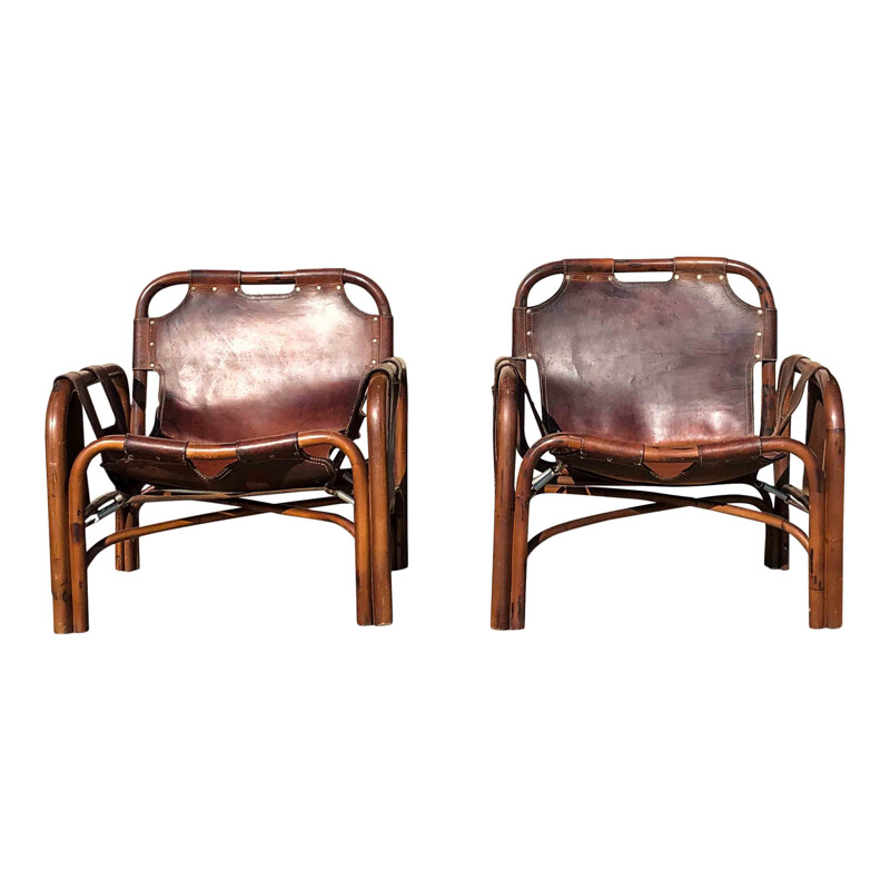 Paire de fauteuils lounge en cuir et bambou par Tito Agnoli, Italie 1960