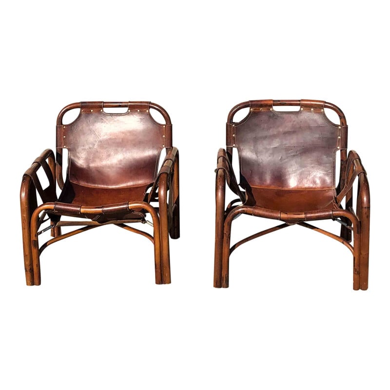 Pair of Mid-Century Leather and Bamboo Lounge Chairs by Tito Agnoli, Italian 1960s