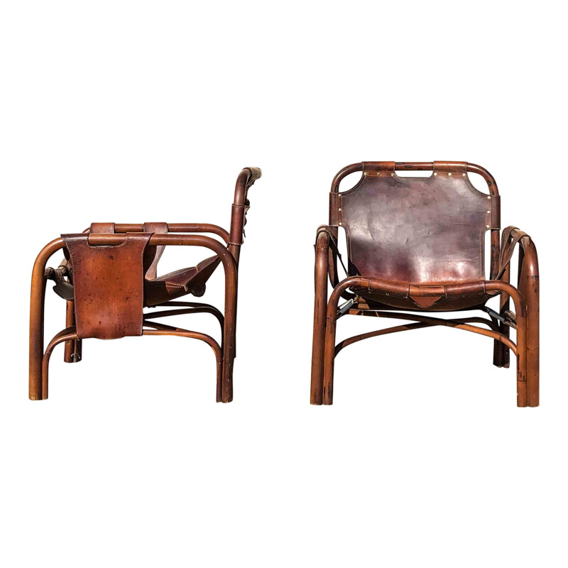 Pair of Mid-Century Leather and Bamboo Lounge Chairs by Tito Agnoli, Italian 1960s