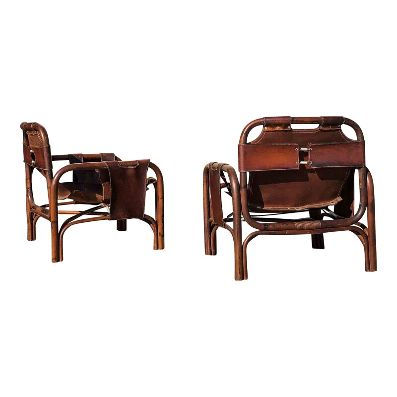 Pair of Mid-Century Leather and Bamboo Lounge Chairs by Tito Agnoli, Italian 1960s