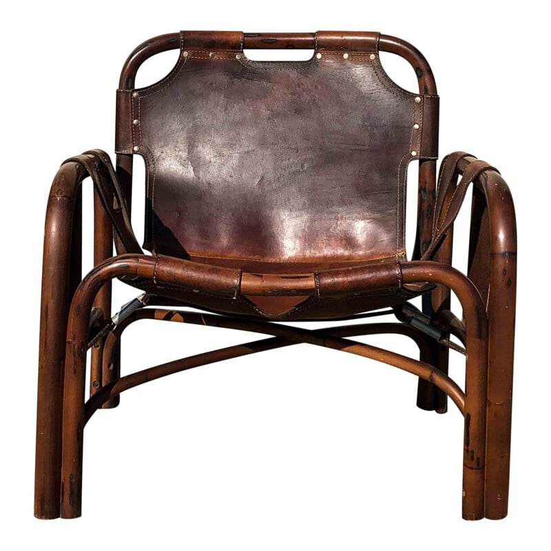 Paire de fauteuils lounge en cuir et bambou par Tito Agnoli, Italie 1960