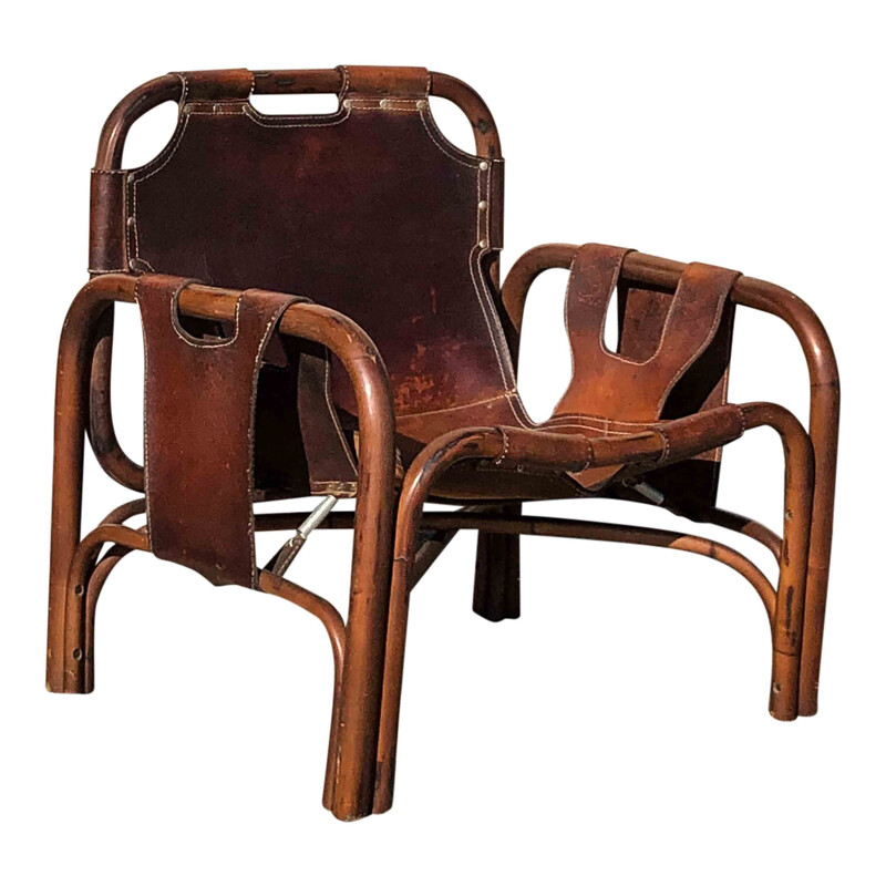 Pair of Mid-Century Leather and Bamboo Lounge Chairs by Tito Agnoli, Italian 1960s
