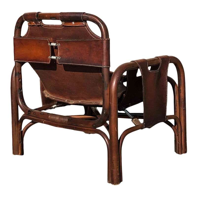 Paire de fauteuils lounge en cuir et bambou par Tito Agnoli, Italie 1960