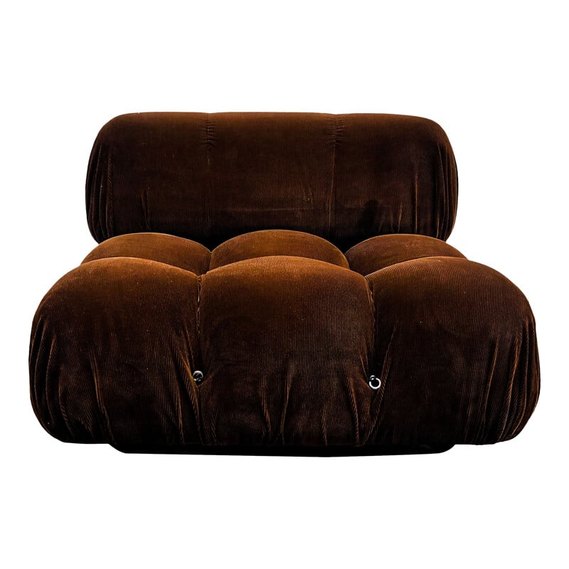 Set aus Lounge-Sessel und Vintage-Hocker Modell Camaleonda in braunem Samt von Mario Bellini für B