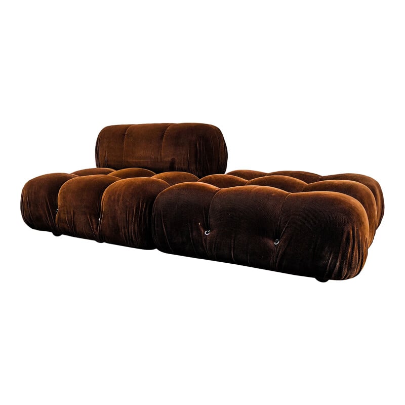 Set aus Lounge-Sessel und Vintage-Hocker Modell Camaleonda in braunem Samt von Mario Bellini für B