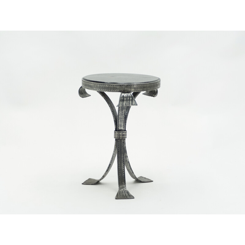 Vintage hammered steel pedestal table with art deco 1940 wood tray