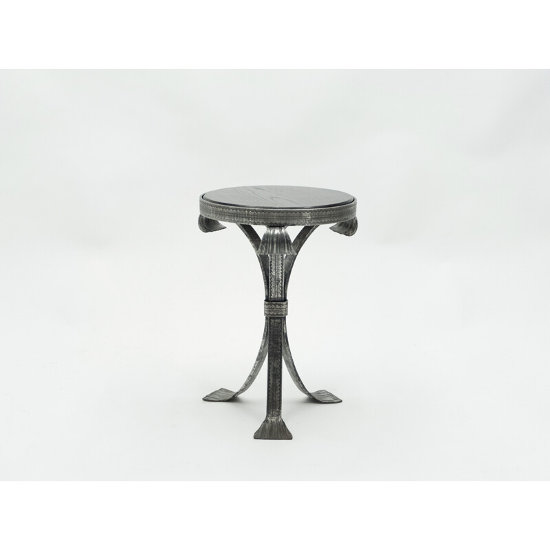 Vintage hammered steel pedestal table with art deco 1940 wood tray