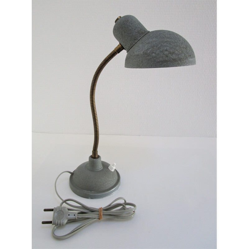 Lampe vintage métal peint gris texturé flexible laiton 1950
