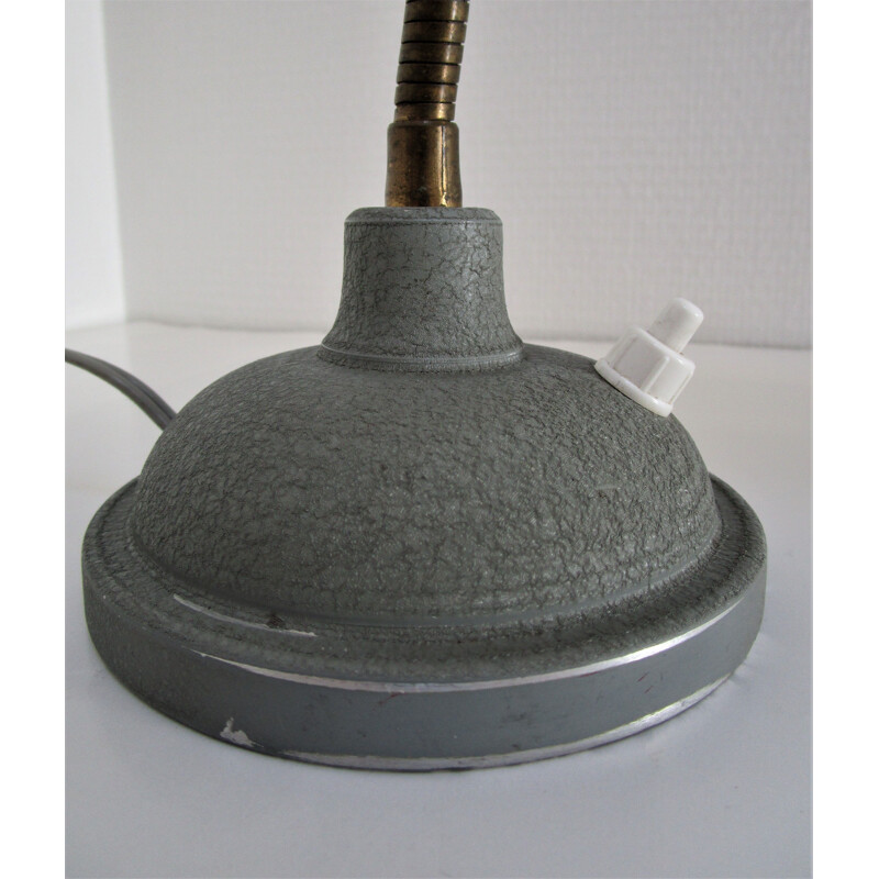 Lampe vintage métal peint gris texturé flexible laiton 1950