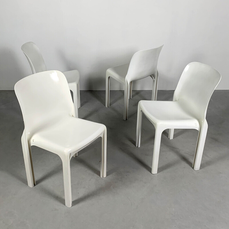 Set of 4 vintage White Selene Chairs by Vico Magistretti for Artemide, 1970s