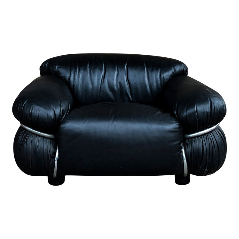 Ensemble de salon vintage en cuir noir Sesann par Gianfranco Frattini pour Cassina, Italie 1972