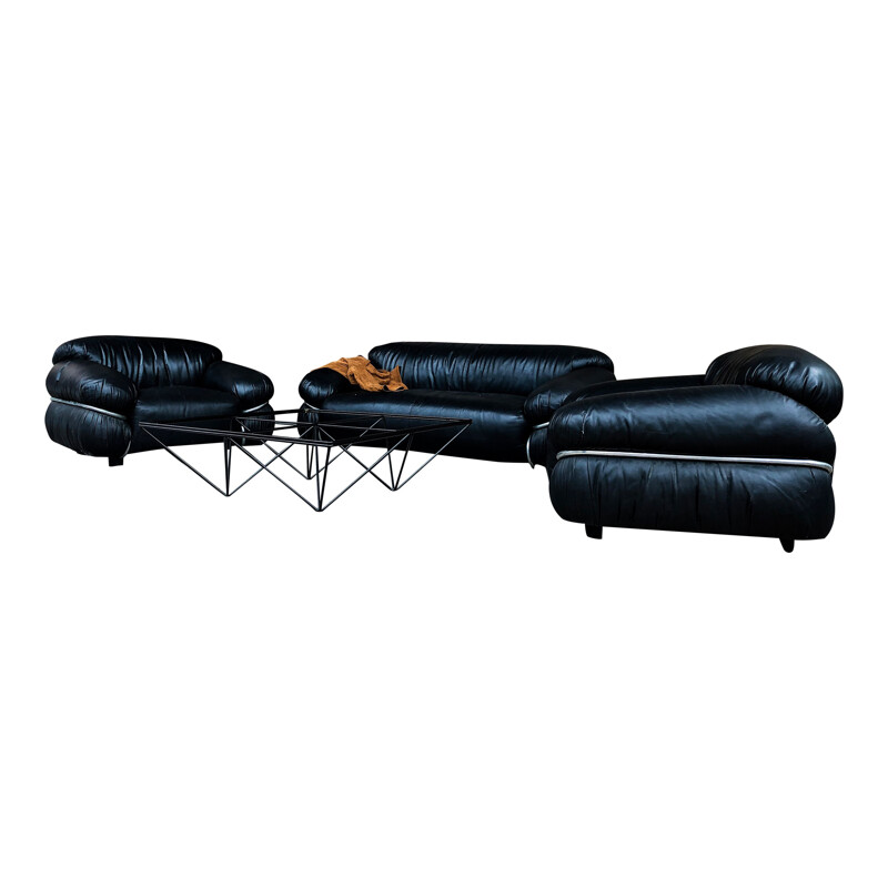 Set of 3 vintage Black Leather Sesann Living Room Set by Gianfranco Frattini for Cassina, Italian 1972