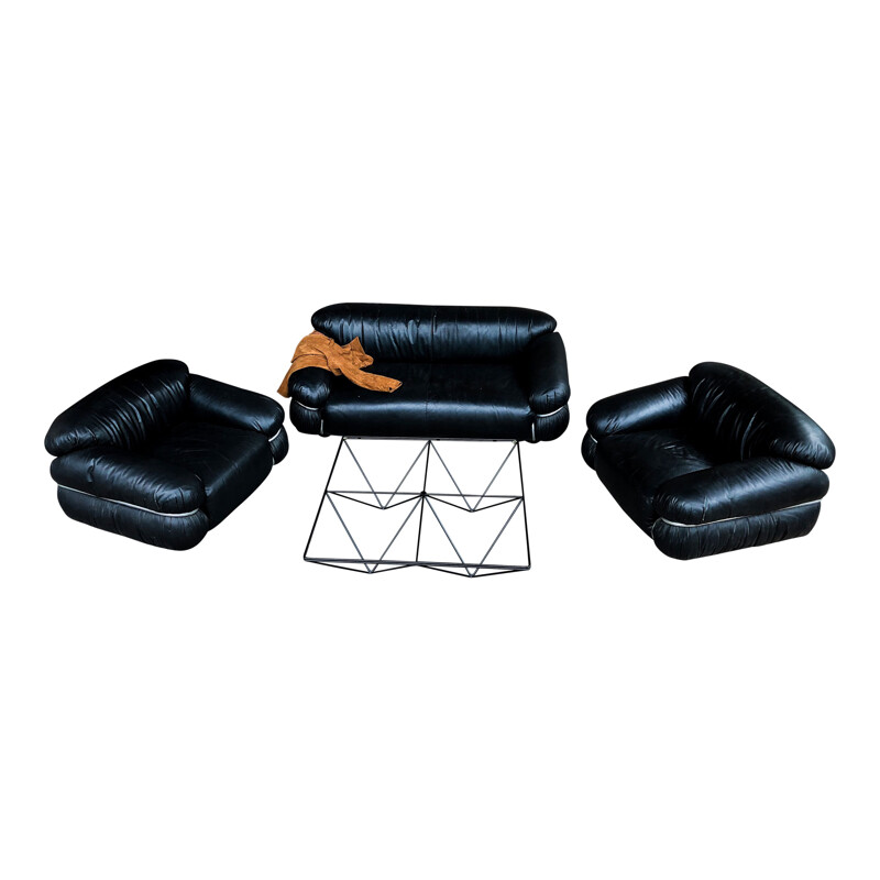 Set of 3 vintage Black Leather Sesann Living Room Set by Gianfranco Frattini for Cassina, Italian 1972