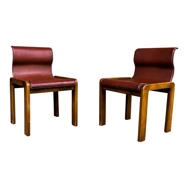 Set of 4 vintage leather and plywood chairs by Tobia and Afra Scarpa, Italy 1966