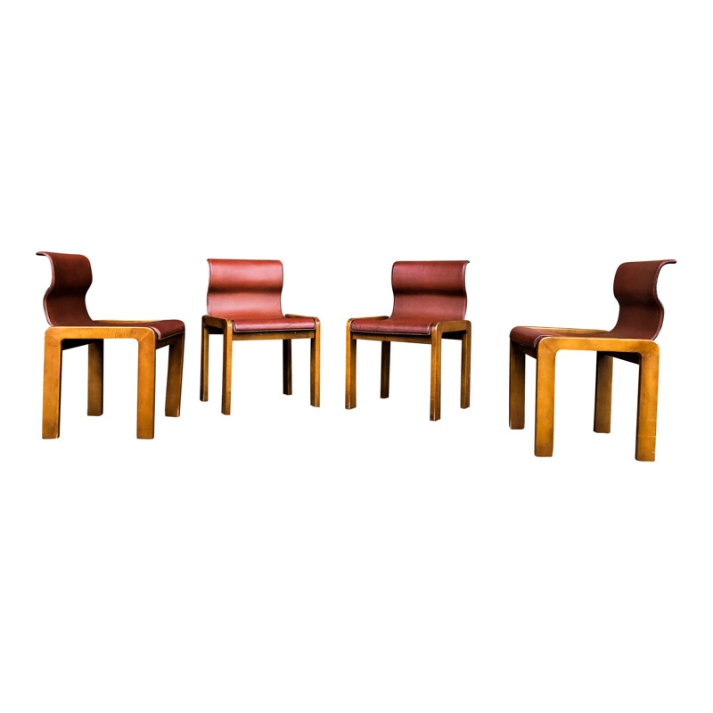 Set of 4 vintage leather and plywood chairs by Tobia and Afra Scarpa, Italy 1966