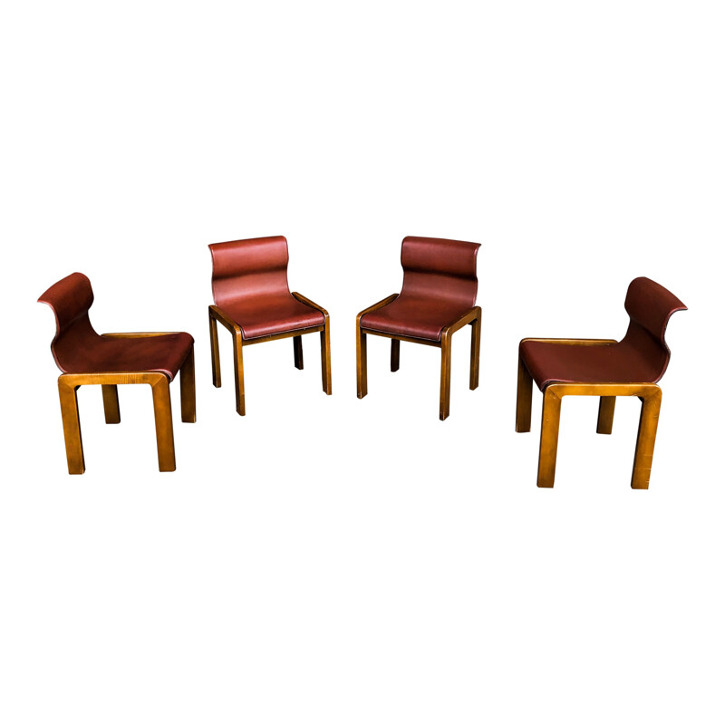 Set of 4 vintage leather and plywood chairs by Tobia and Afra Scarpa, Italy 1966