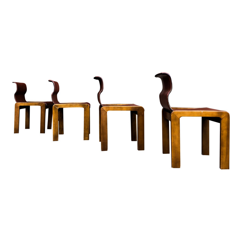 Set van 4 vintage leren en multiplex stoelen van Tobia en Afra Scarpa, Italië 1966