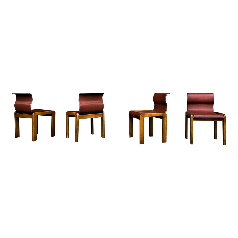 Set of 4 vintage leather and plywood chairs by Tobia and Afra Scarpa, Italy 1966