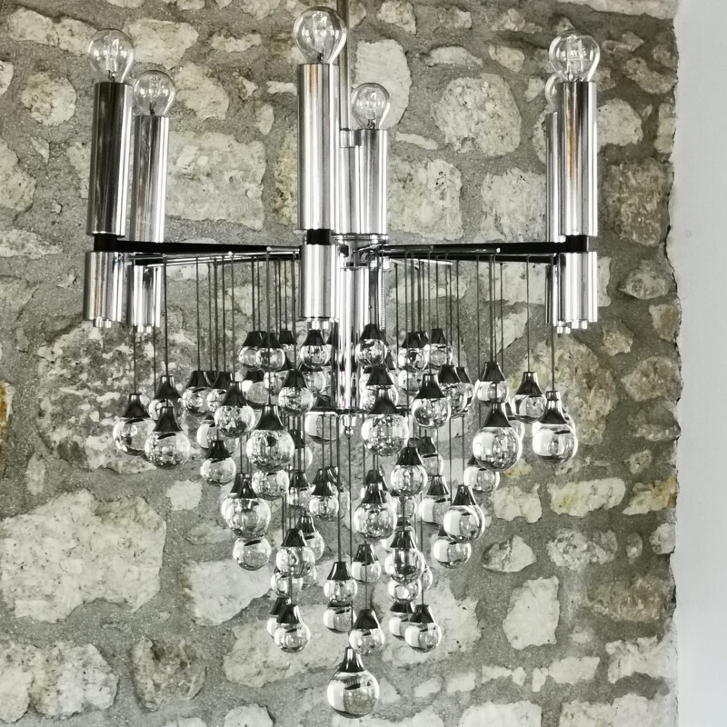 Lustre vintage à 79 gouttes de verre de Murano, par Gaetano Scolari 1965