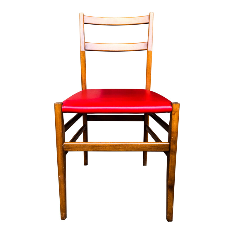 Ensemble de 6 chaises vintage en frêne et faux cuir rouge "leggera" par Gio Ponti pour Cassina, 1950