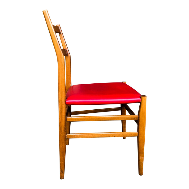 Set van 6 vintage stoelen in essenhout en rood kunstleer "leggera" van Gio Ponti voor Cassina, 1950