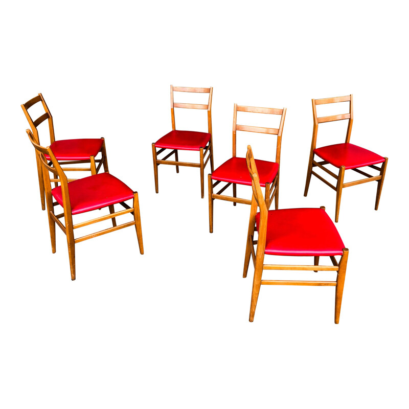 Set van 6 vintage stoelen in essenhout en rood kunstleer "leggera" van Gio Ponti voor Cassina, 1950