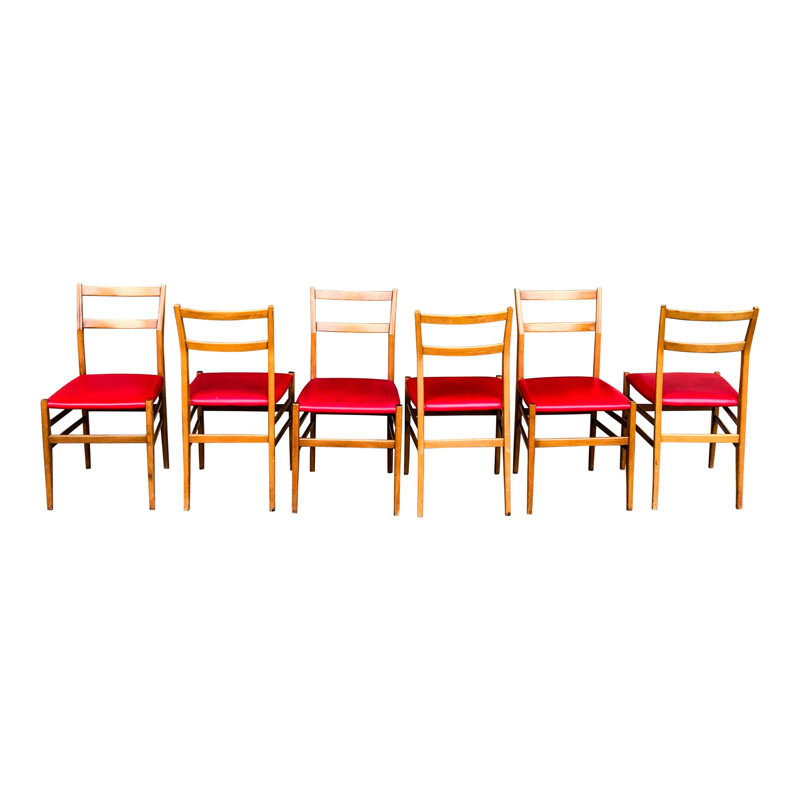Conjunto de 6 cadeiras vintage em cinza e pele vermelha falsa "leggera" de Gio Ponti para Cassina, 1950