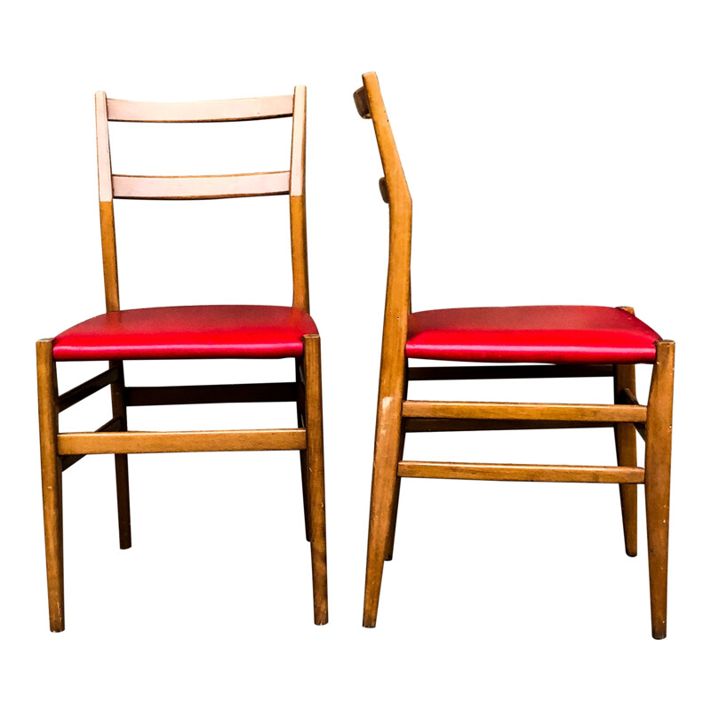 Set of 6 vintage chairs in ash and red faux leather "leggera" by Gio Ponti for Cassina, 1950