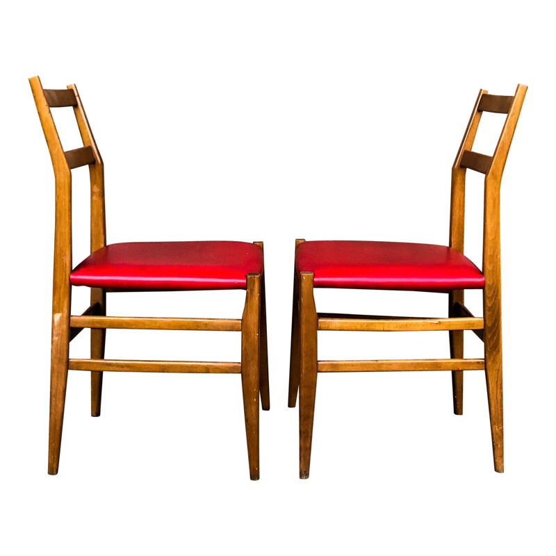 Juego de 6 sillas vintage en fresno y piel sintética roja "leggera" de Gio Ponti para Cassina, 1950