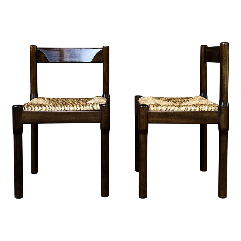 Set of 4 vintage Beech and Straw Carimate Dining Chairs by Vico Magistretti for Cassina, Italian 1963