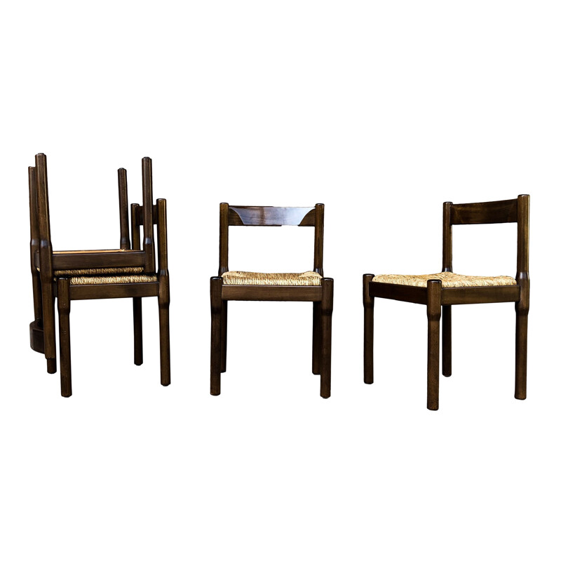 Set of 4 vintage Beech and Straw Carimate Dining Chairs by Vico Magistretti for Cassina, Italian 1963