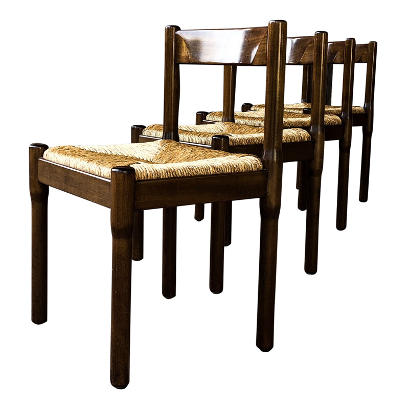 Lot de 4 chaises vintage Carimate en hêtre et paille de Vico Magistretti pour Cassina, Italie 1963