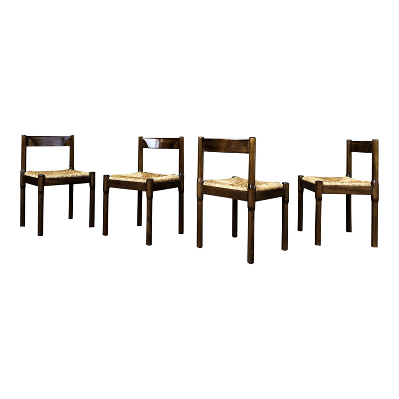 Set of 4 vintage Beech and Straw Carimate Dining Chairs by Vico Magistretti for Cassina, Italian 1963