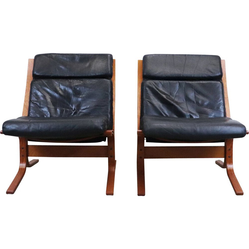 Pair of Vintage Siesta Leather Armchairs, Ingmar Relling, Norway, 1960