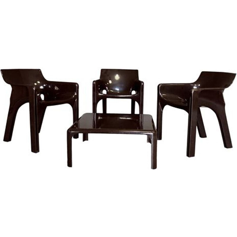 Set of 4 vintage Gaudi Armchairs and Demetrio Coffee Table Set by Vico Magistretti for Artemide, 1974