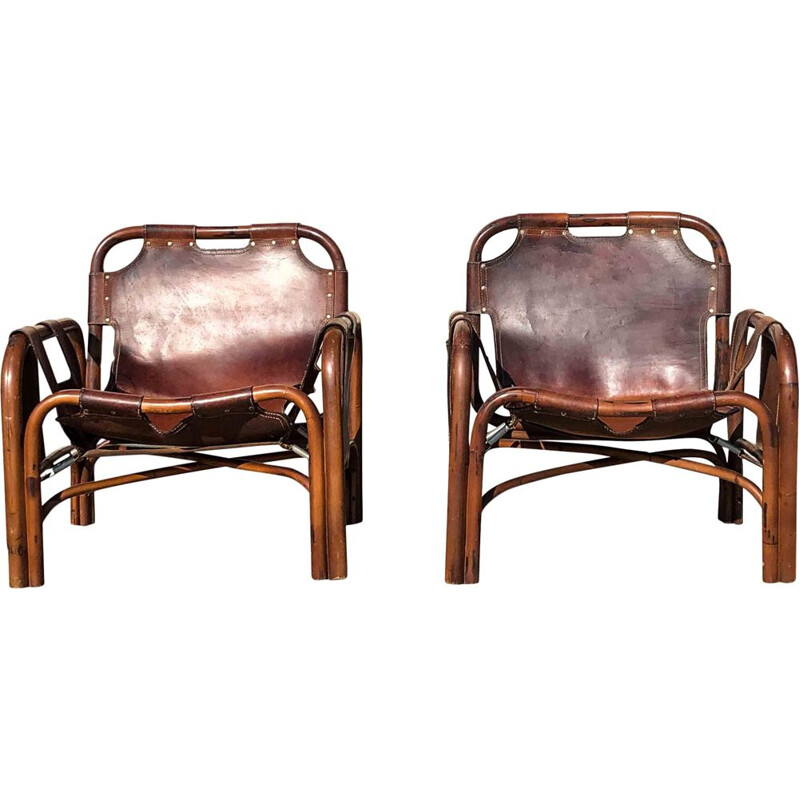 Pair of Mid-Century Leather and Bamboo Lounge Chairs by Tito Agnoli, Italian 1960s