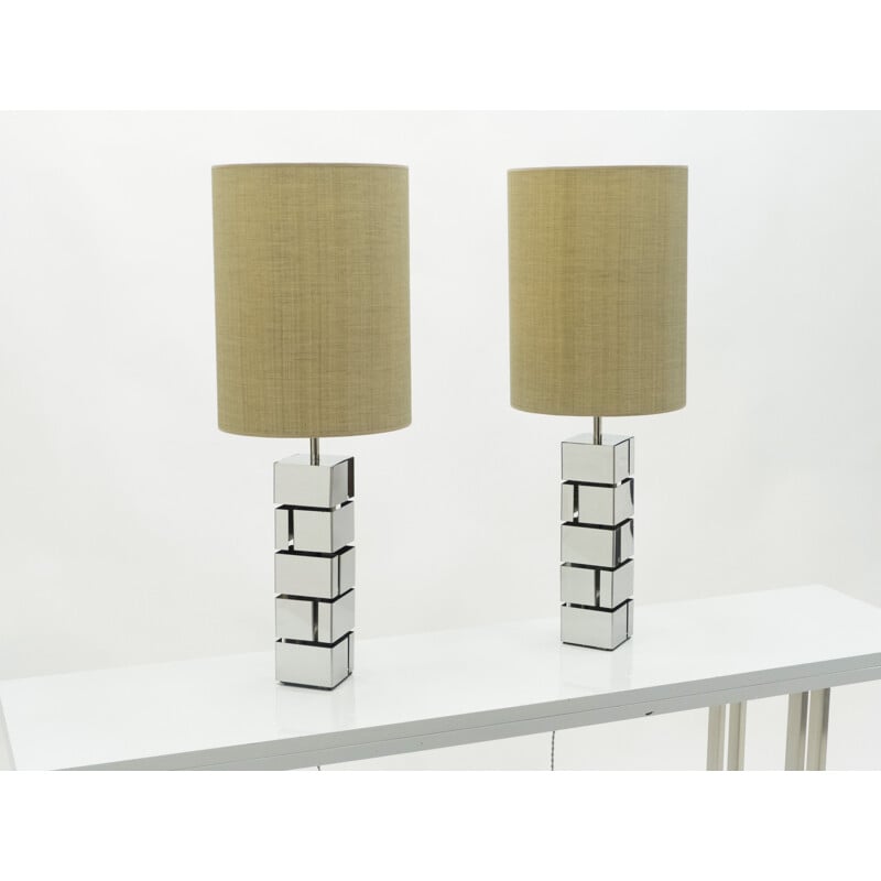 Pair of vintage chrome plated metal lamps by Curtis Jere, USA 1970