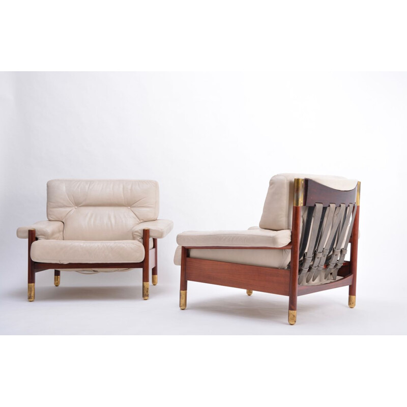 Paire de fauteuils lounge vintage "Sella" en cuir beige par Carlo De Carli 1960