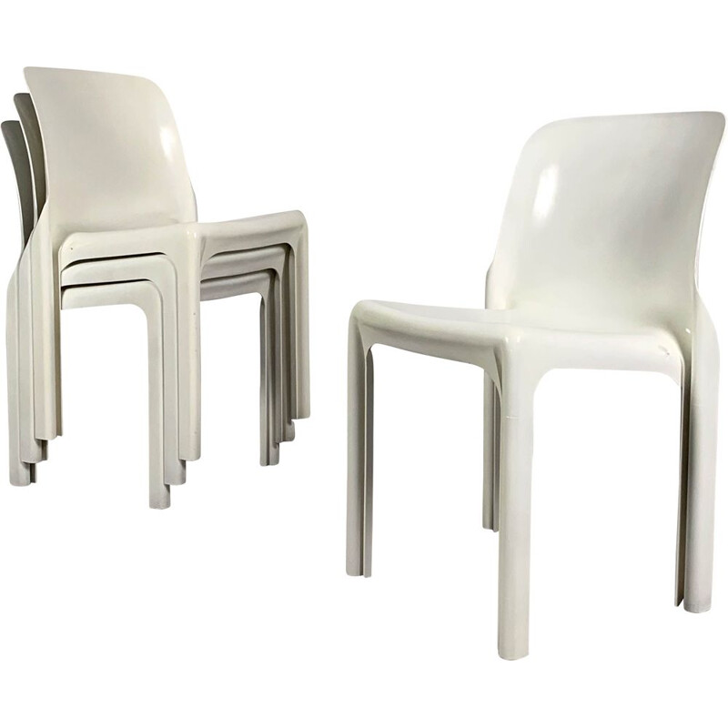 Set of 4 vintage White Selene Chairs by Vico Magistretti for Artemide, 1970s