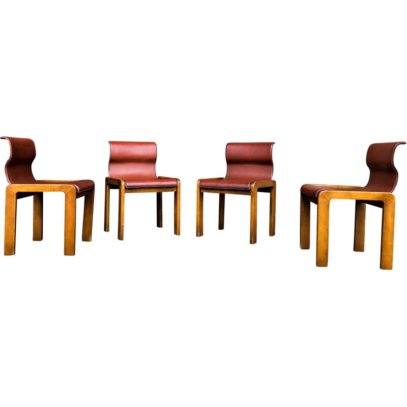 Satz von 4 Vintage-Stühlen aus Leder und Sperrholz von Tobia und Afra Scarpa, Italien 1966