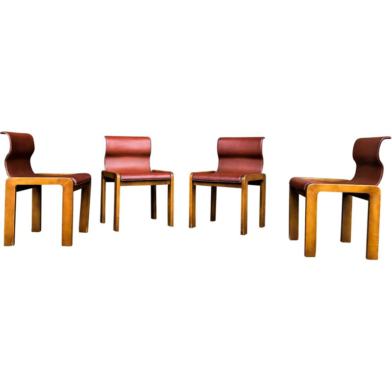 Set of 4 vintage leather and plywood chairs by Tobia and Afra Scarpa, Italy 1966