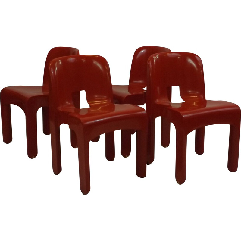 Set of 4 Kartell red "Universal" chairs, Joe COLOMBO - 1960s