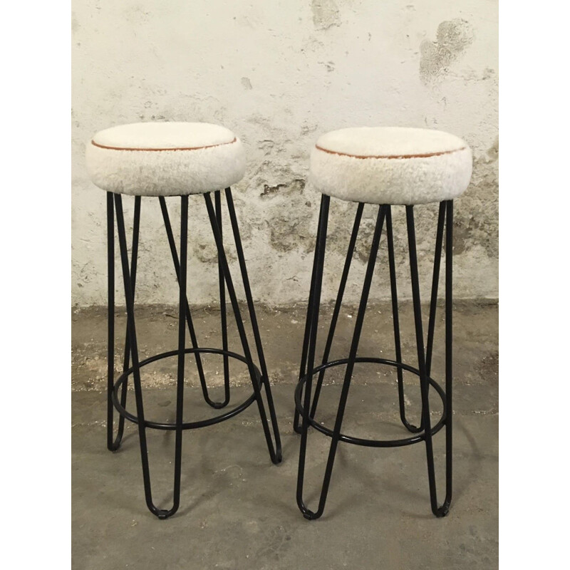 Pair of vintage high stools in black lacquered metal tube, France 1950