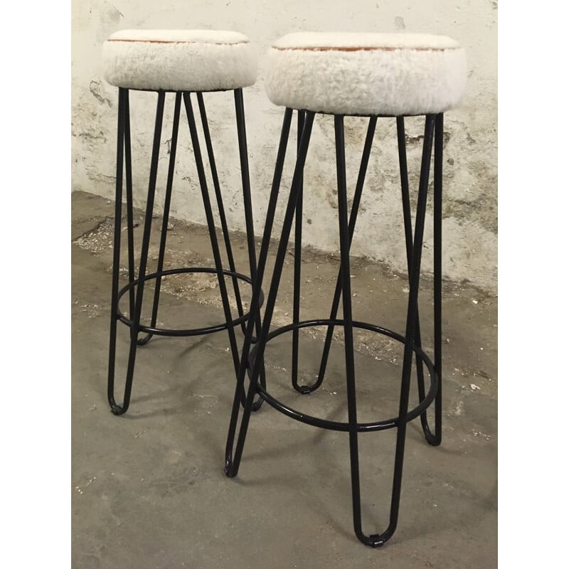Pair of vintage high stools in black lacquered metal tube, France 1950