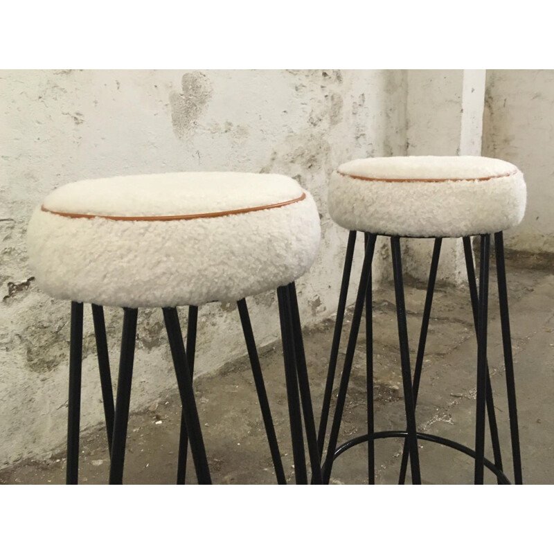 Pair of vintage high stools in black lacquered metal tube, France 1950
